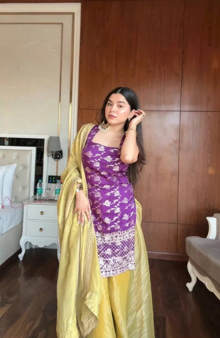 Royal Purple Jacquard Embroidered Palazzo Suit Set