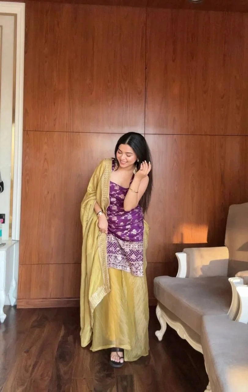Royal Purple Jacquard Embroidered Palazzo Suit Set