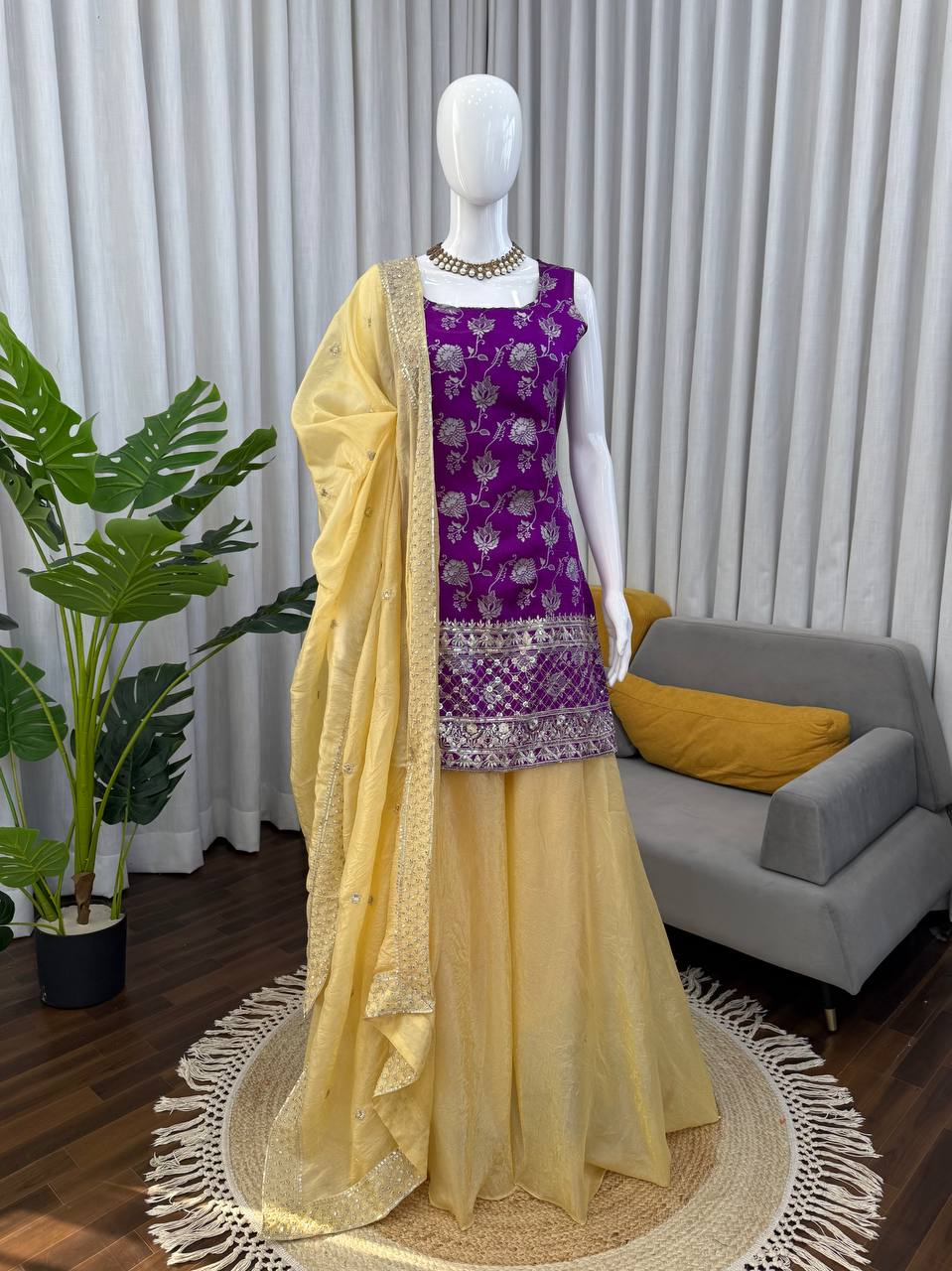 Royal Purple Jacquard Embroidered Palazzo Suit Set