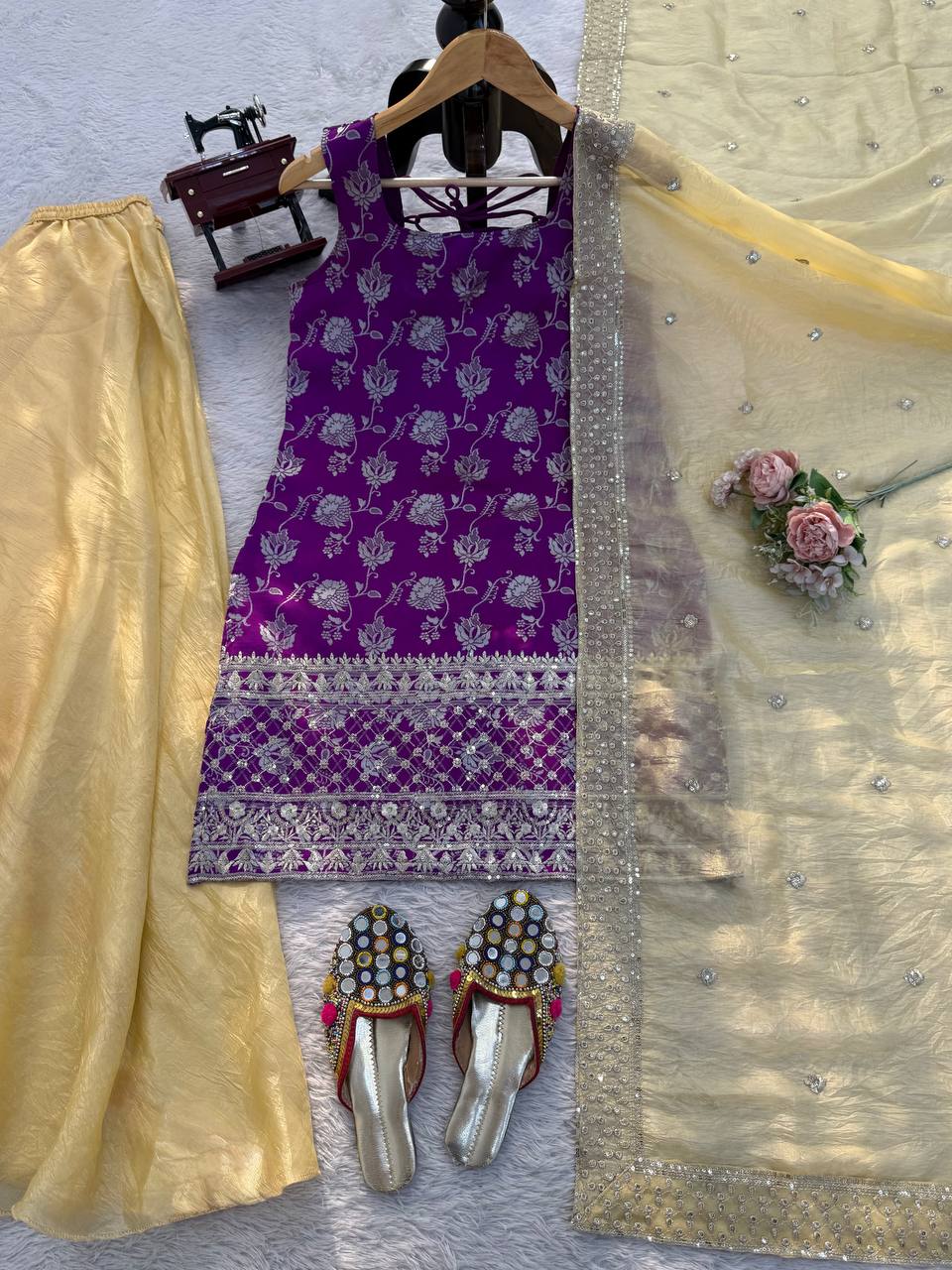 Royal Purple Jacquard Embroidered Palazzo Suit Set