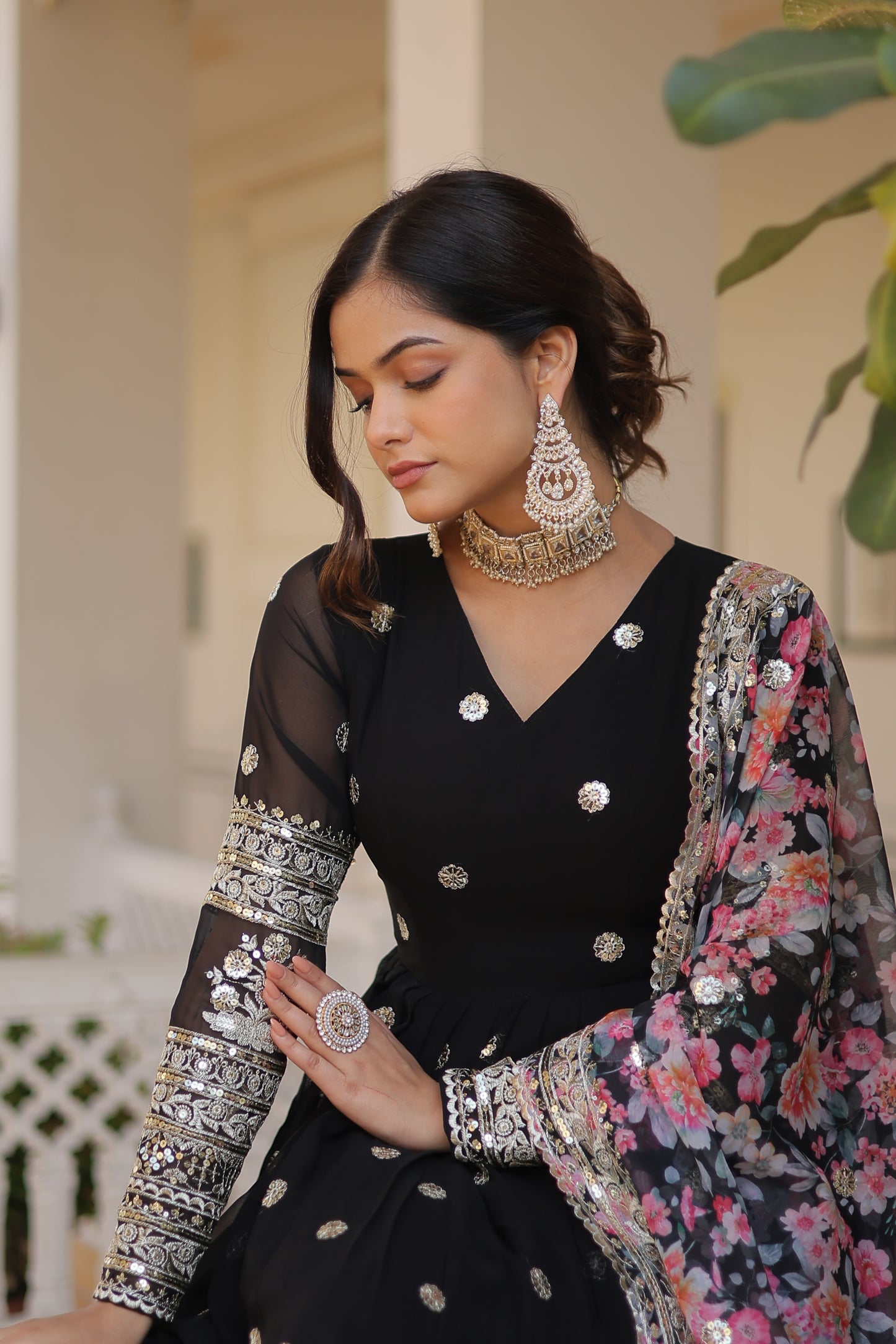 Black Faux Georgette Designer Gown