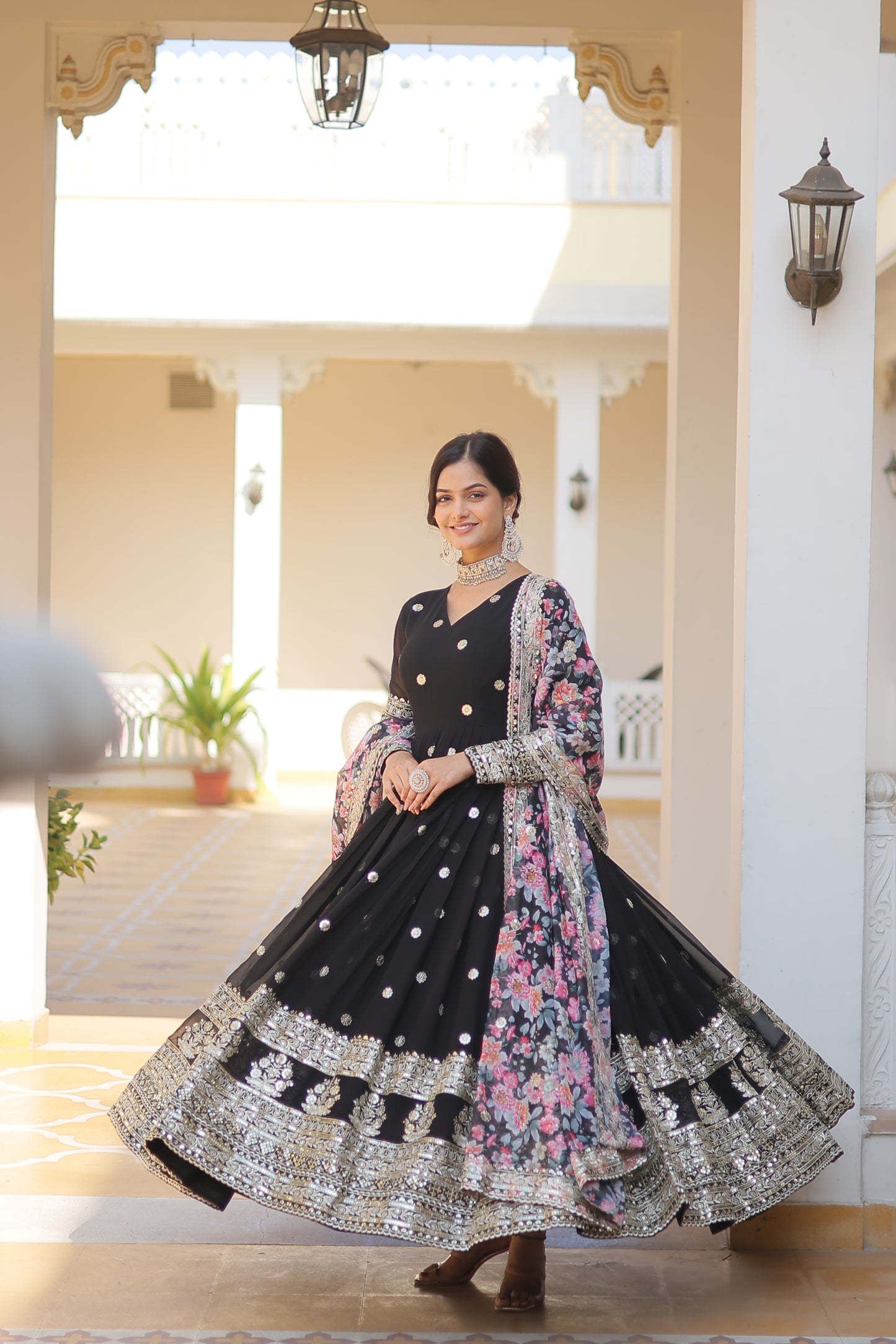 Black Faux Georgette Designer Gown