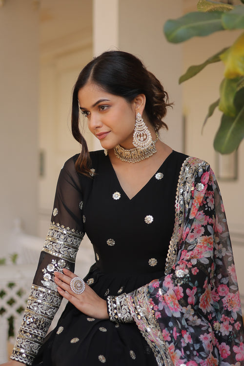 Black Faux Georgette Designer Gown
