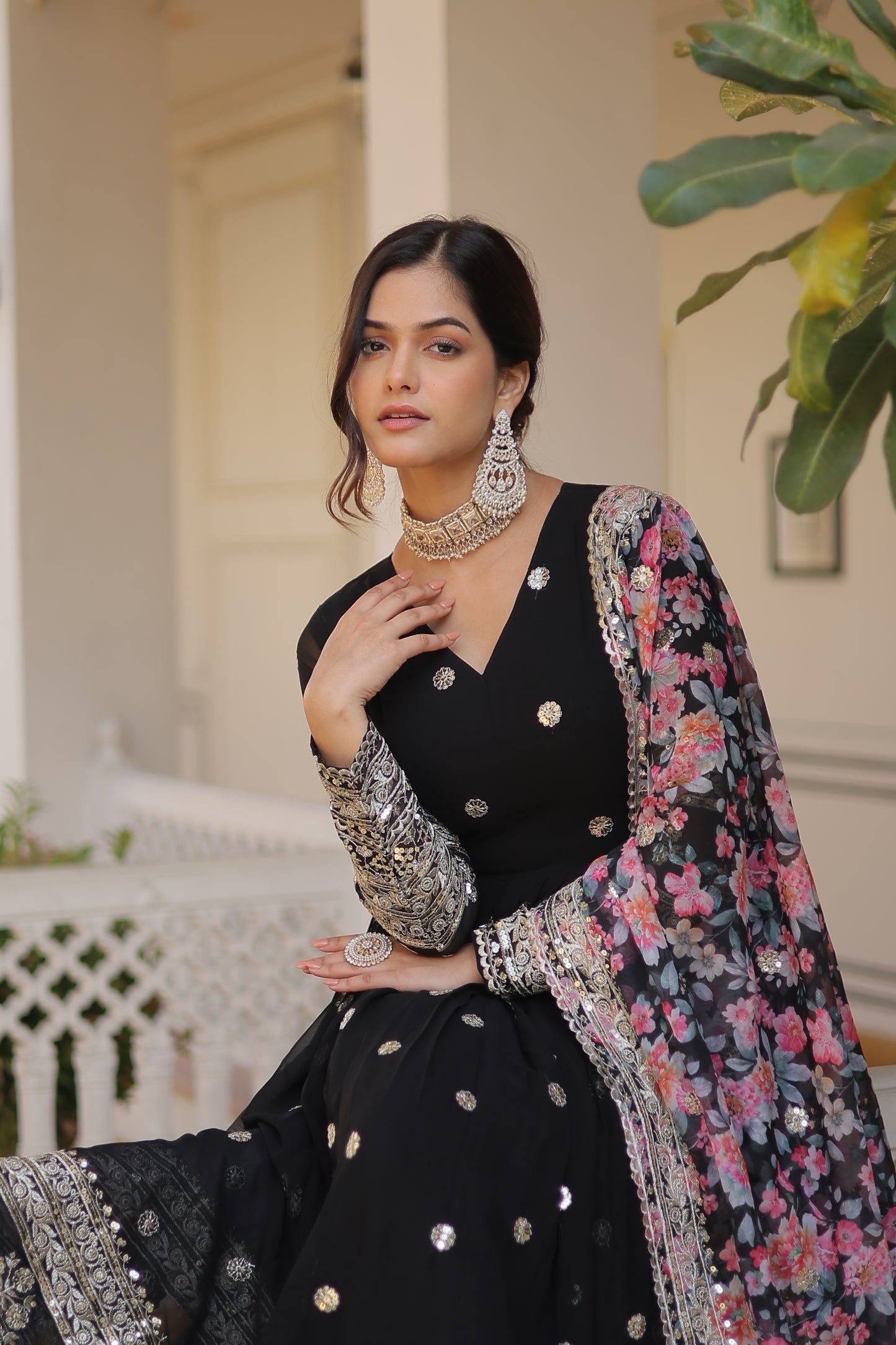 Black Faux Georgette Designer Gown