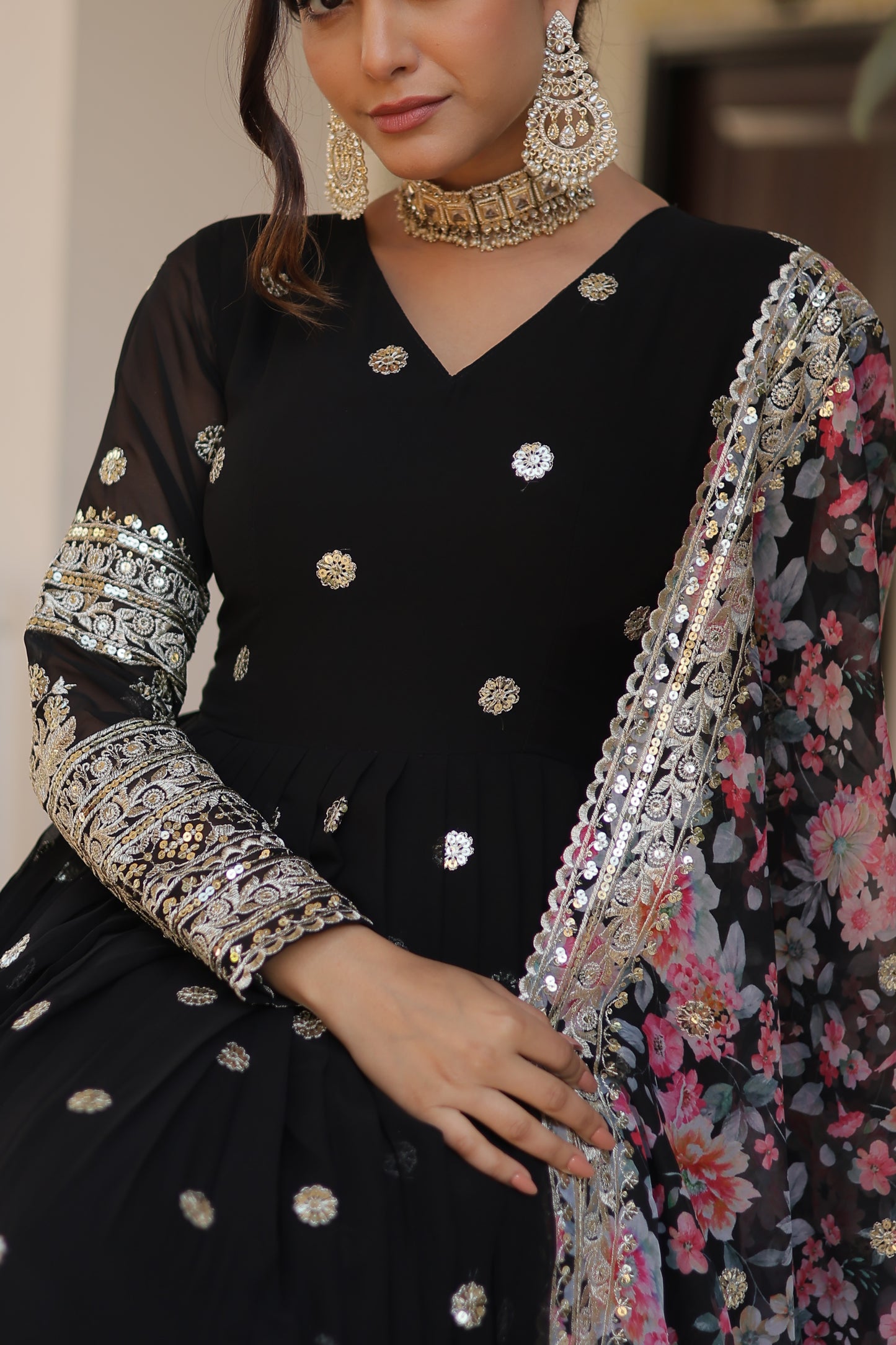 Black Faux Georgette Designer Gown