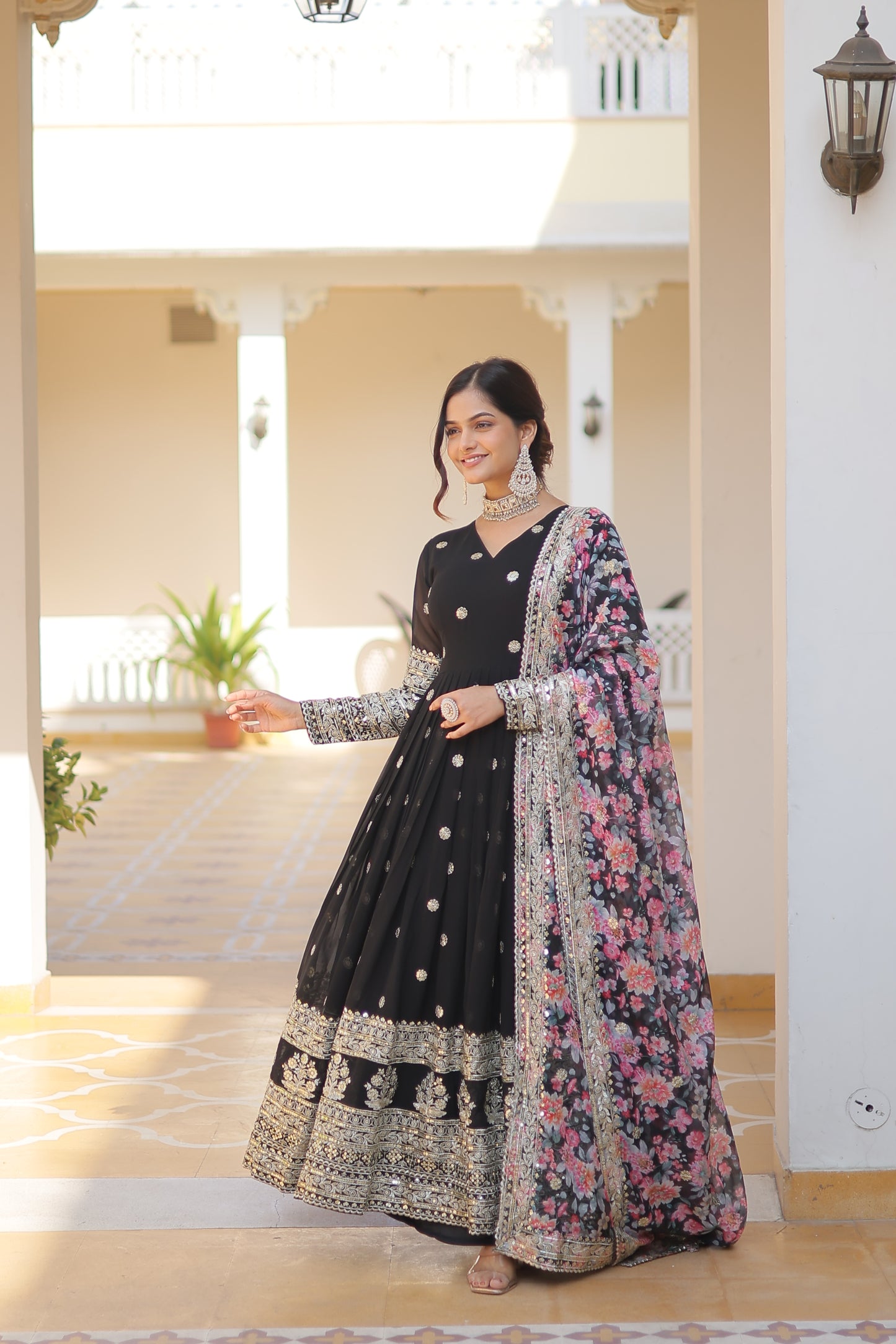 Black Faux Georgette Designer Gown