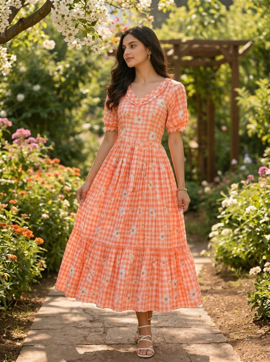 Orange Gingham Printed Muslin Silk Frill Dress