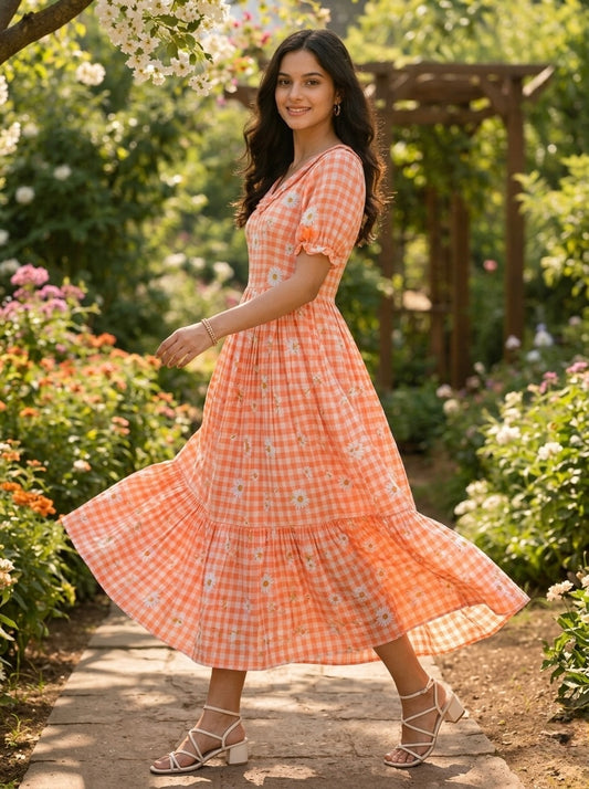 Orange Gingham Printed Muslin Silk Frill Dress