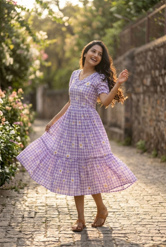 Purple Gingham Printed Muslin Silk Frill Dress