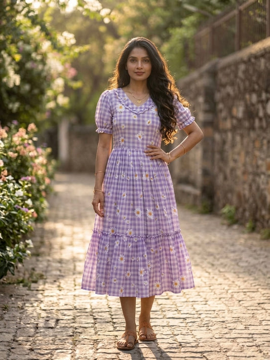 Purple Gingham Printed Muslin Silk Frill Dress