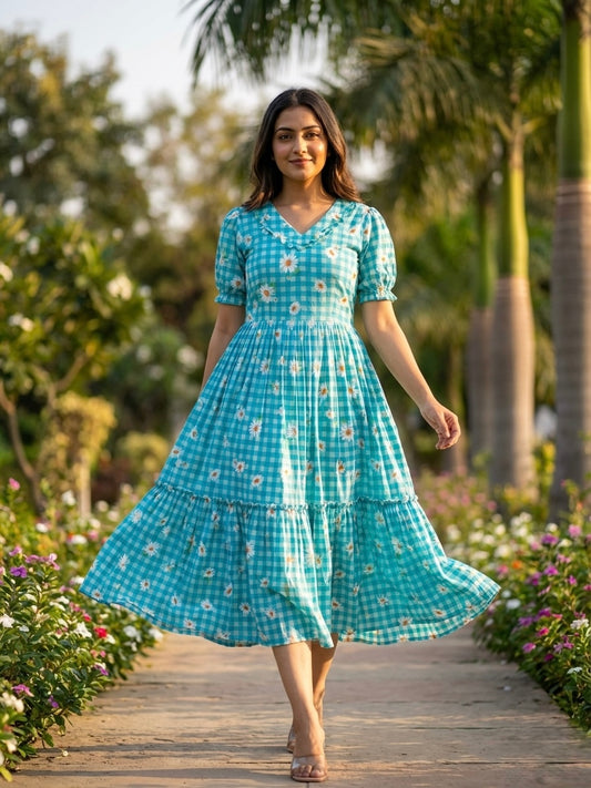 Sky Blue Gingham Printed Muslin Silk Frill Dress