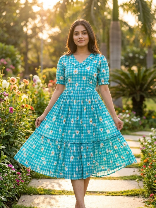 Sky Blue Gingham Printed Muslin Silk Frill Dress
