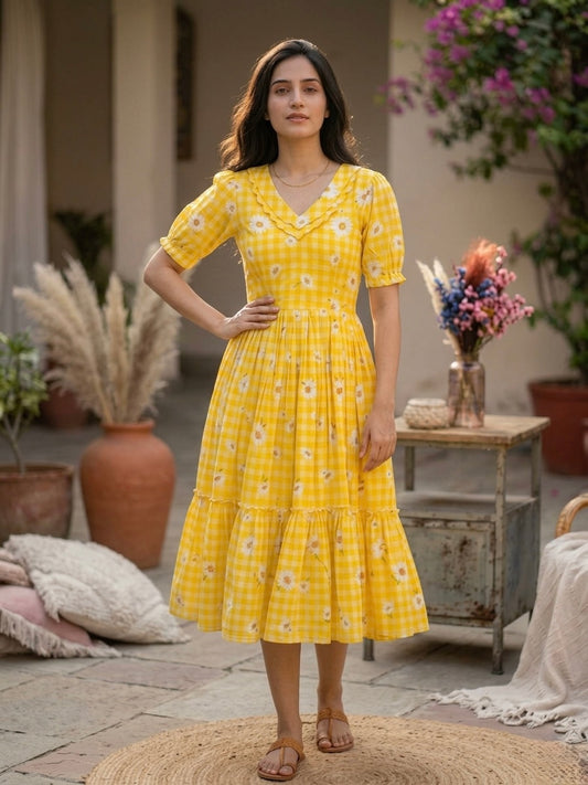 Yellow Gingham Printed Muslin Silk Frill Dress
