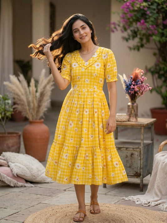 Yellow Gingham Printed Muslin Silk Frill Dress