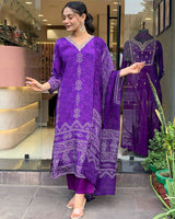 Purple Printed French Crepe Suit Set