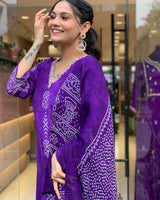 Purple Printed French Crepe Suit Set