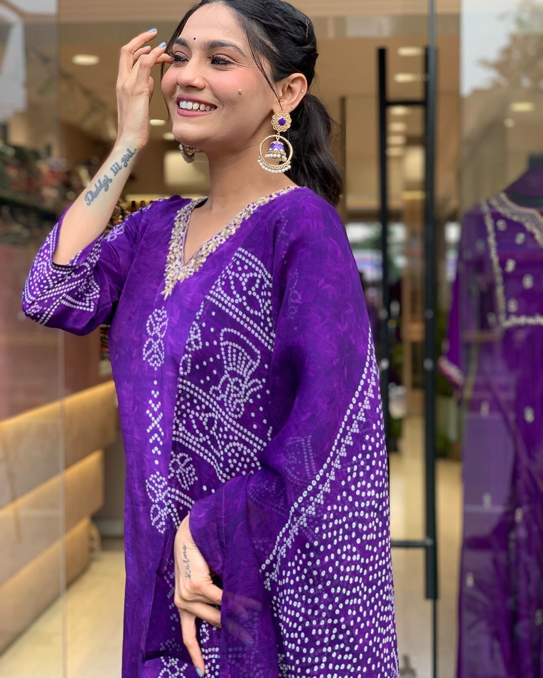 Purple Printed French Crepe Suit Set