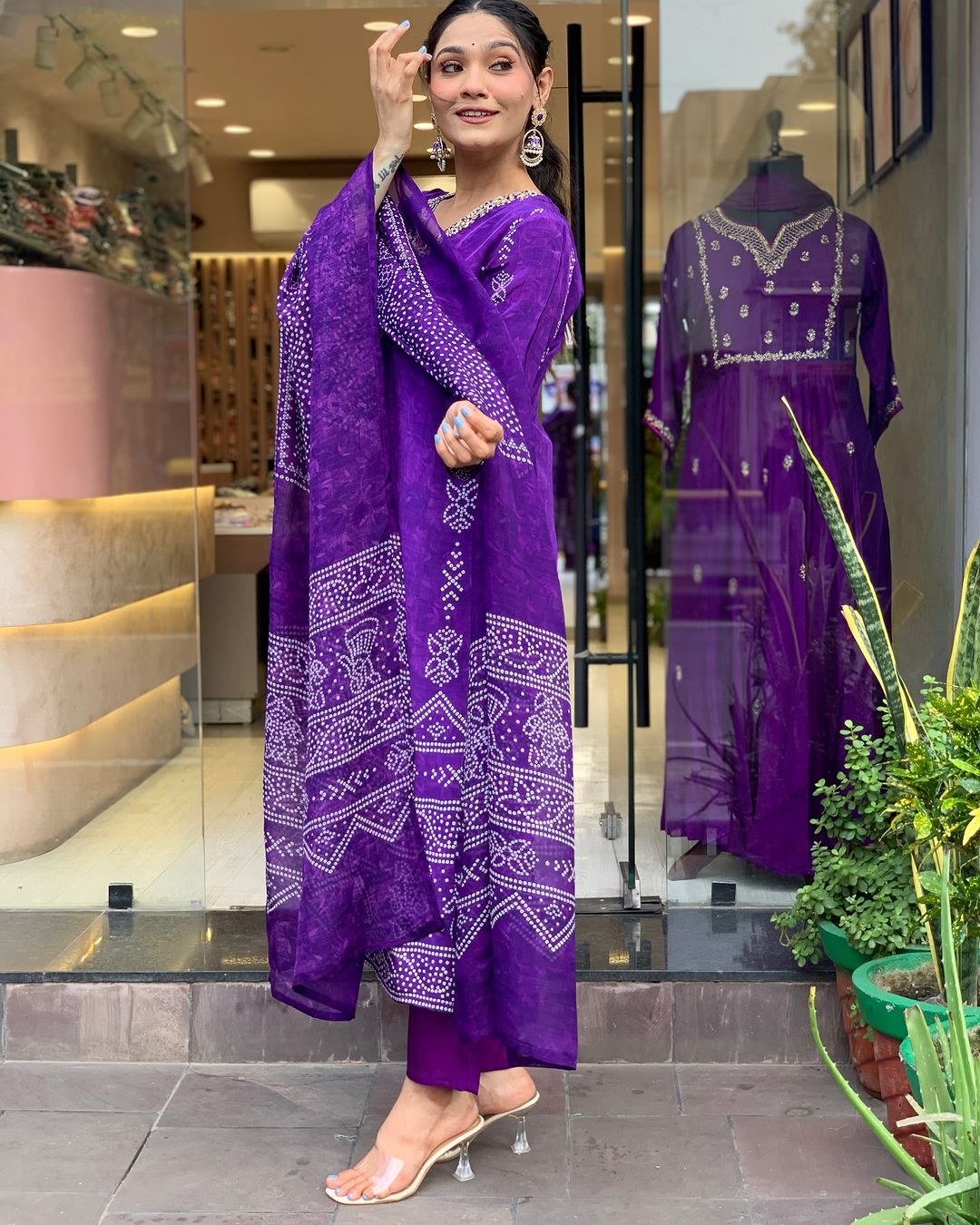 Purple Printed French Crepe Suit Set