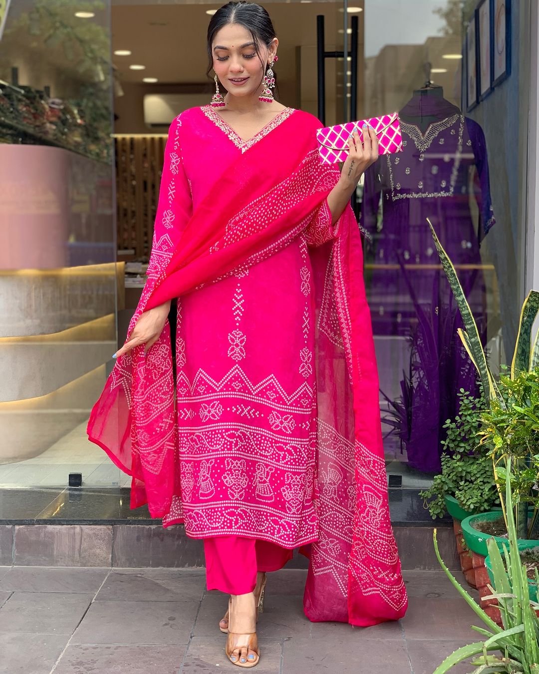 Pink Printed French Crepe Suit Set