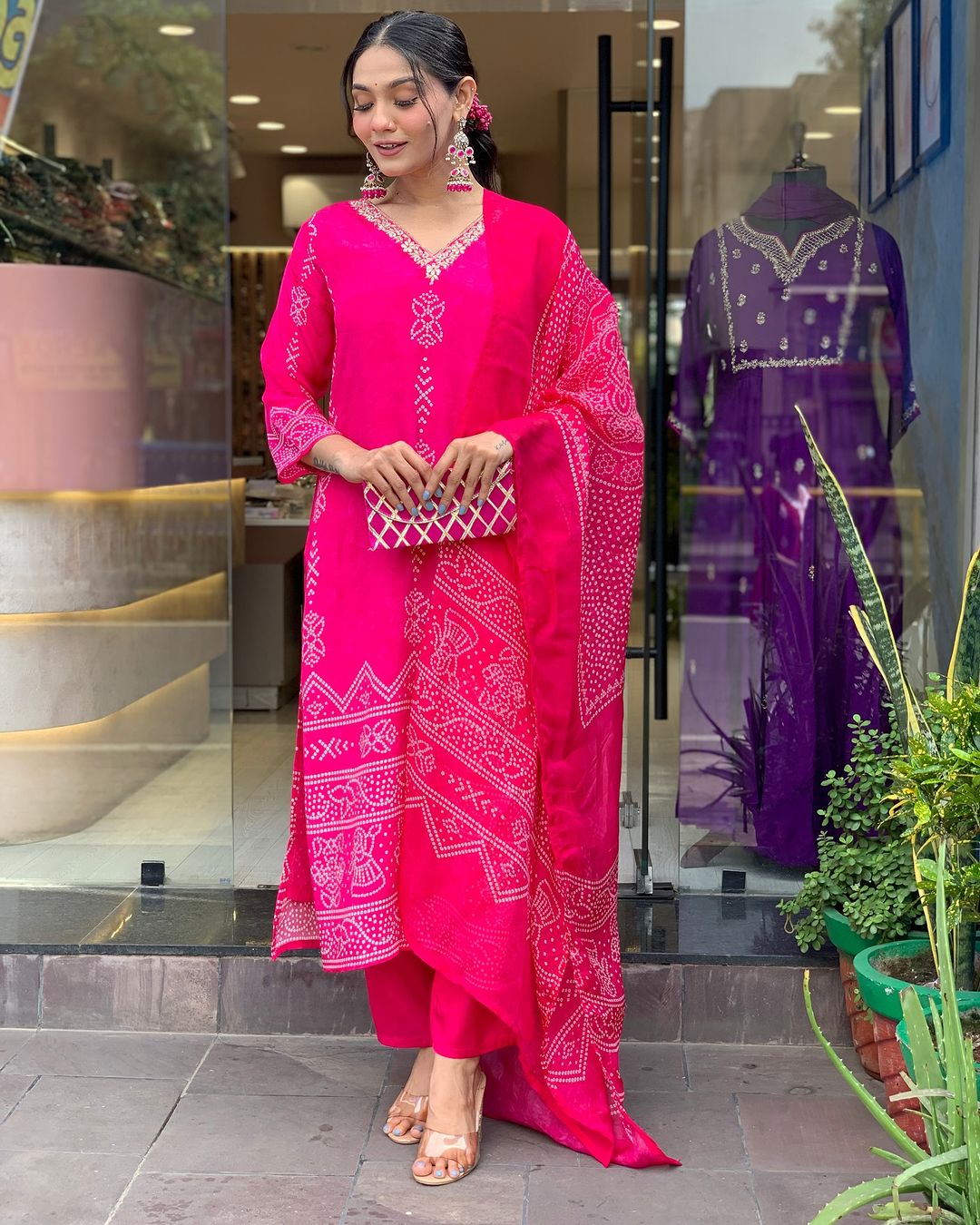 Pink Printed French Crepe Suit Set