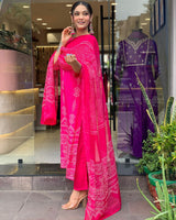 Pink Printed French Crepe Suit Set