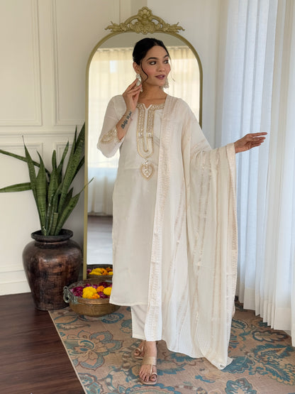 Off White Viscose Chanderi Embroidered Kurta Pant Dupatta Set
