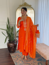 Orange Viscose Chanderi Embroidered Kurta Pant Dupatta Set