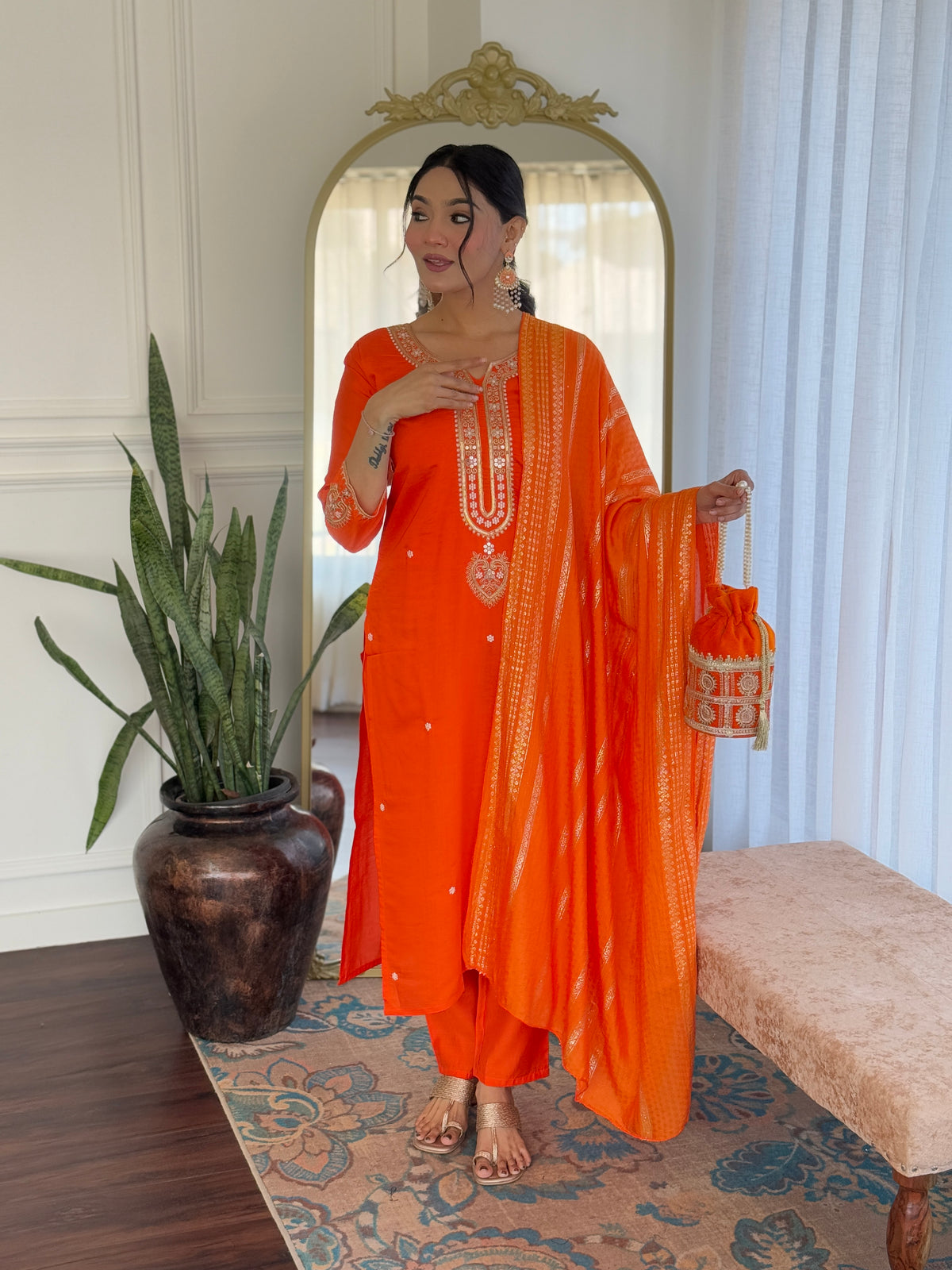 Orange Viscose Chanderi Embroidered Kurta Pant Dupatta Set