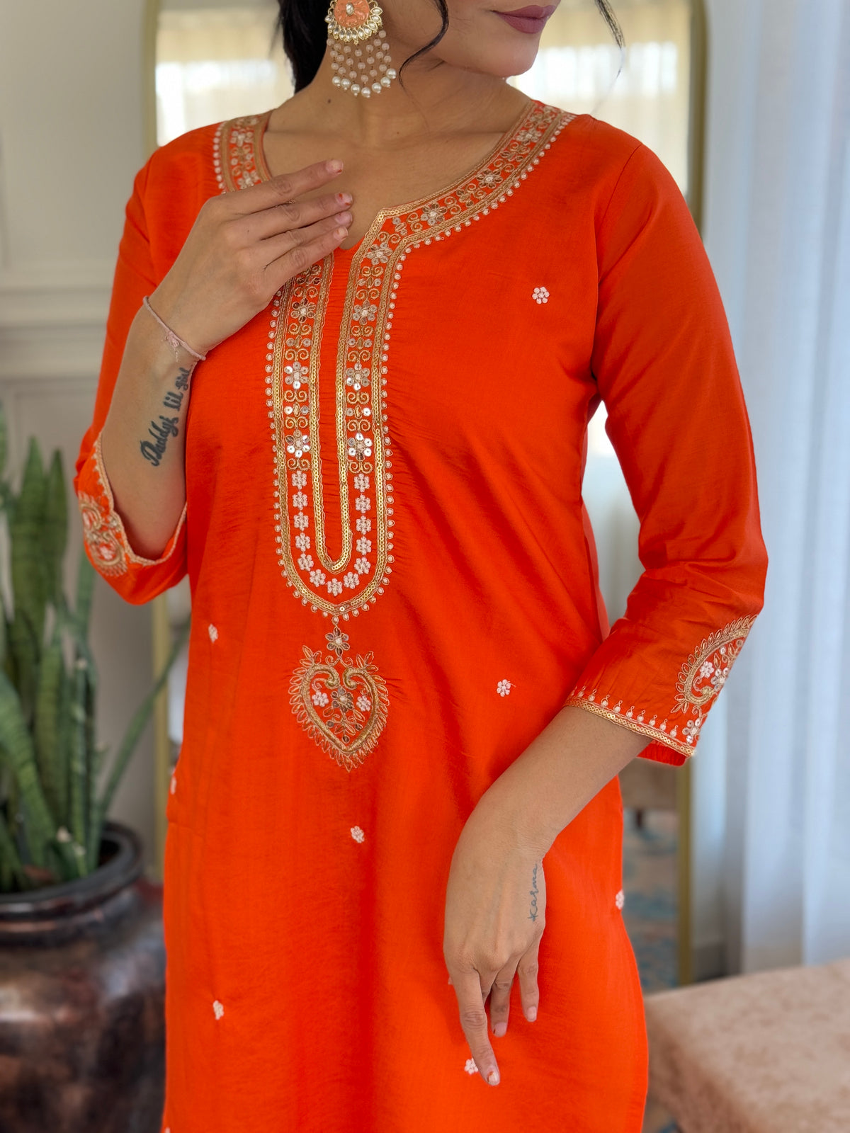 Orange Viscose Chanderi Embroidered Kurta Pant Dupatta Set