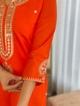 Orange Viscose Chanderi Embroidered Kurta Pant Dupatta Set