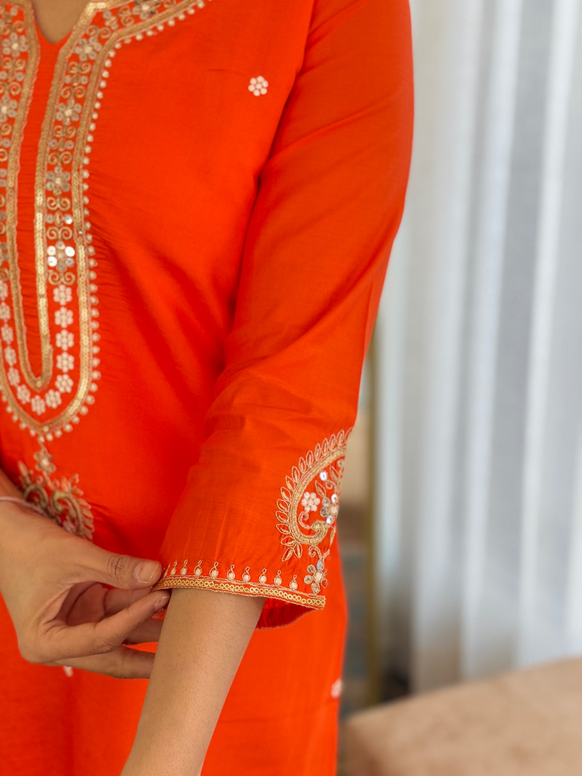 Orange Viscose Chanderi Embroidered Kurta Pant Dupatta Set