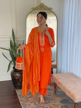 Orange Viscose Chanderi Embroidered Kurta Pant Dupatta Set