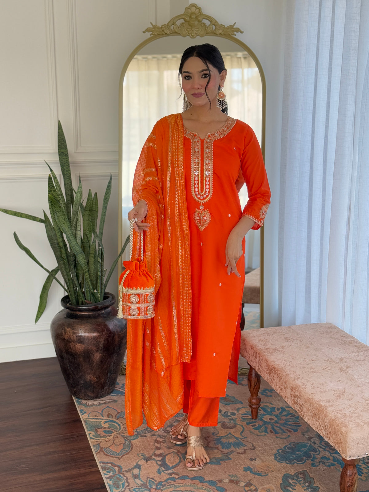 Orange Viscose Chanderi Embroidered Kurta Pant Dupatta Set