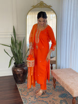 Orange Viscose Chanderi Embroidered Kurta Pant Dupatta Set