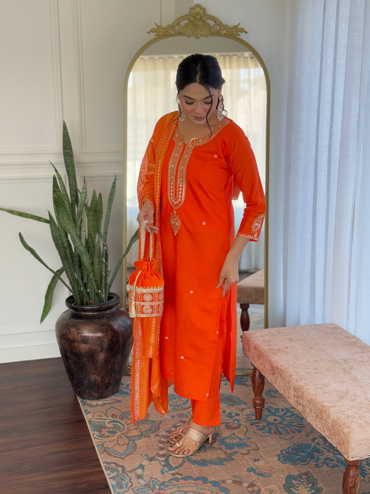 Orange Viscose Chanderi Embroidered Kurta Pant Dupatta Set