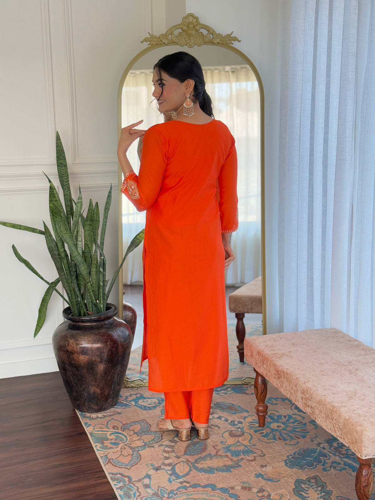 Orange Viscose Chanderi Embroidered Kurta Pant Dupatta Set