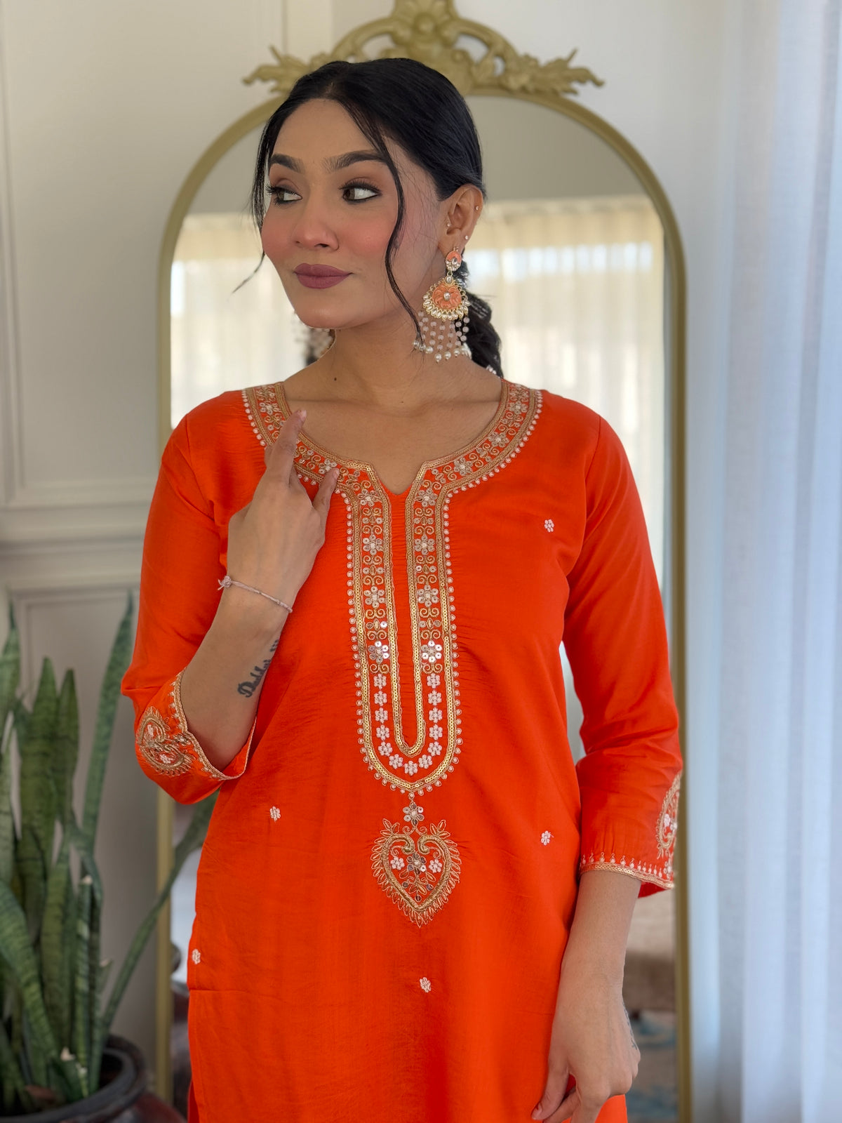 Orange Viscose Chanderi Embroidered Kurta Pant Dupatta Set