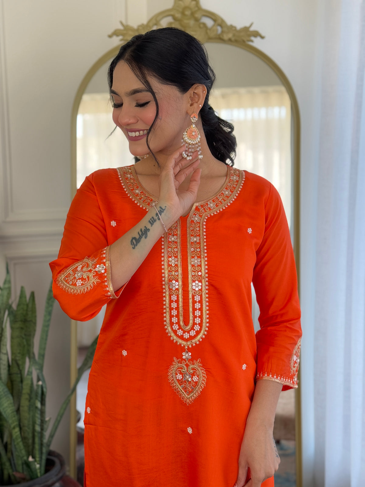 Orange Viscose Chanderi Embroidered Kurta Pant Dupatta Set