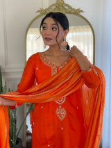 Orange Viscose Chanderi Embroidered Kurta Pant Dupatta Set