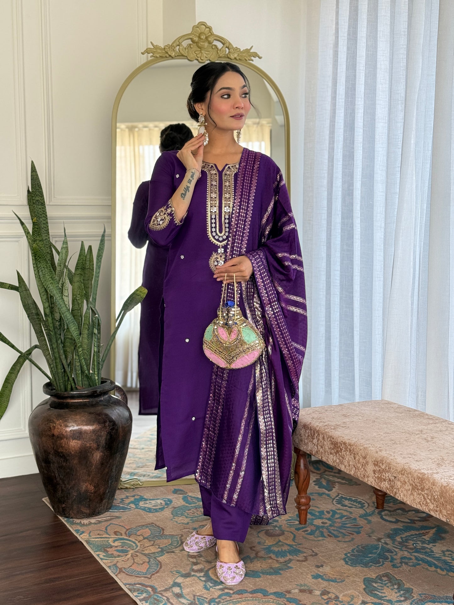 Blue Viscose Chanderi Embroidered Kurta Pant Dupatta Set
