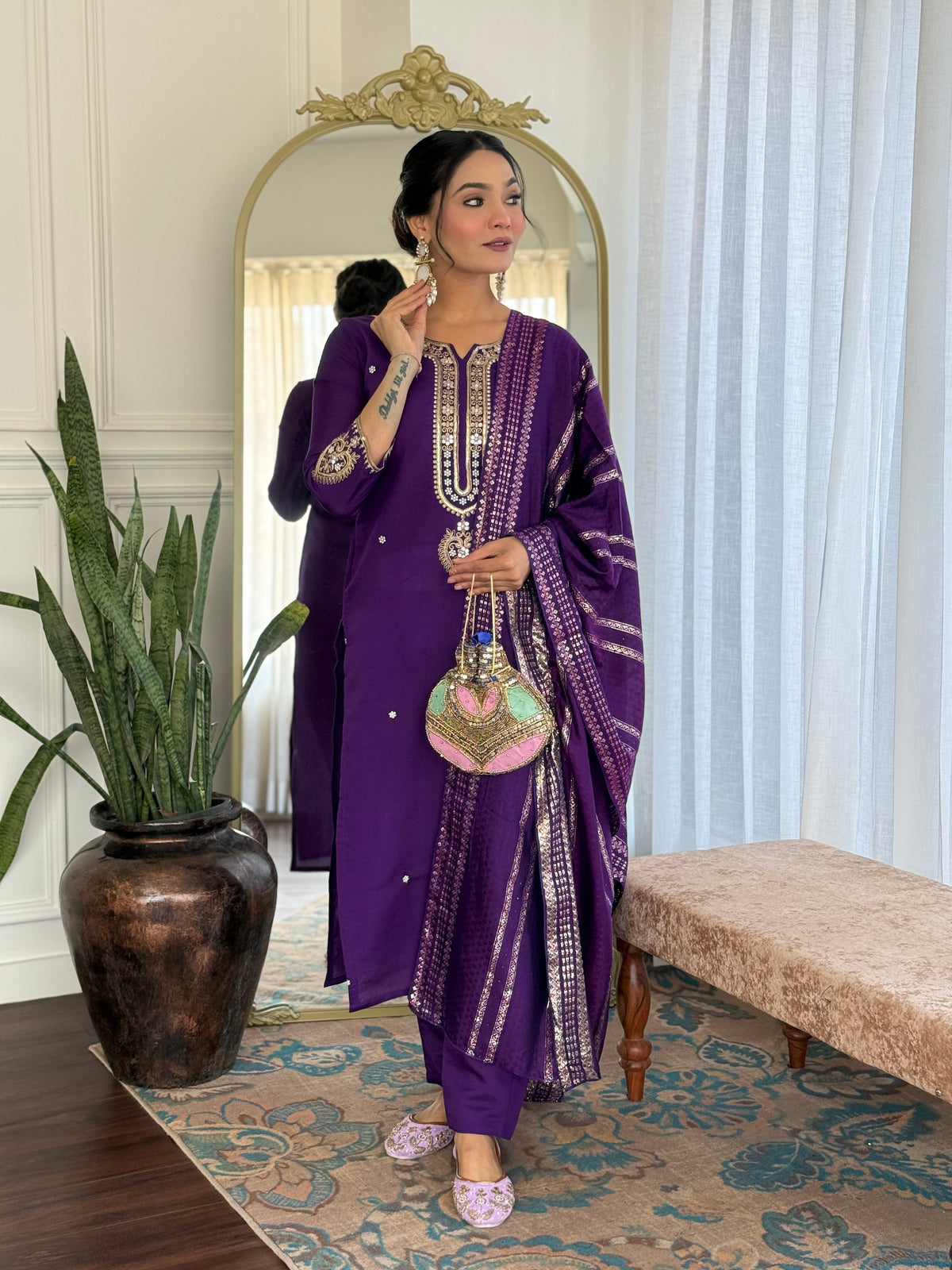 Blue Viscose Chanderi Embroidered Kurta Pant Dupatta Set