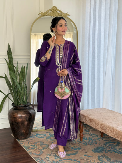 Blue Viscose Chanderi Embroidered Kurta Pant Dupatta Set