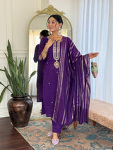 Blue Viscose Chanderi Embroidered Kurta Pant Dupatta Set