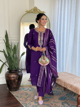Blue Viscose Chanderi Embroidered Kurta Pant Dupatta Set