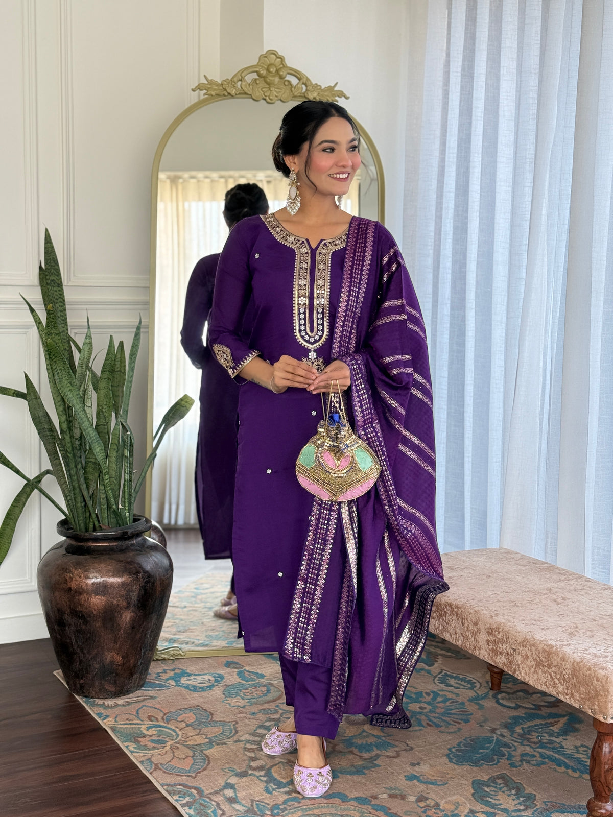 Blue Viscose Chanderi Embroidered Kurta Pant Dupatta Set