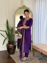 Blue Viscose Chanderi Embroidered Kurta Pant Dupatta Set