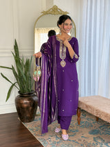 Blue Viscose Chanderi Embroidered Kurta Pant Dupatta Set