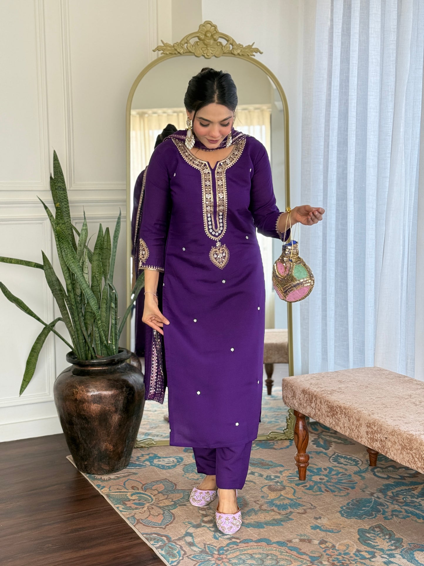 Blue Viscose Chanderi Embroidered Kurta Pant Dupatta Set