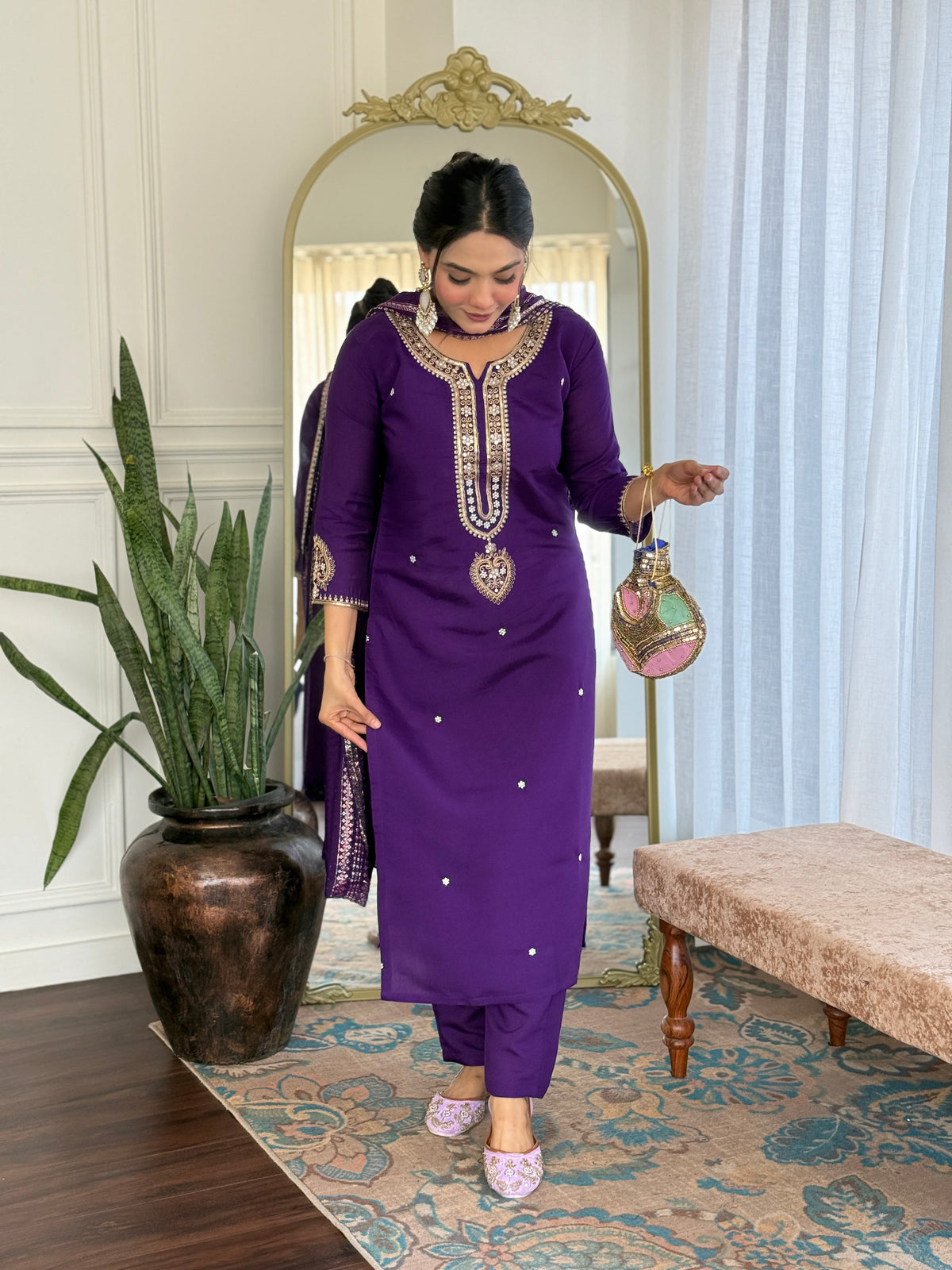 Blue Viscose Chanderi Embroidered Kurta Pant Dupatta Set