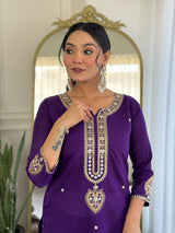 Blue Viscose Chanderi Embroidered Kurta Pant Dupatta Set